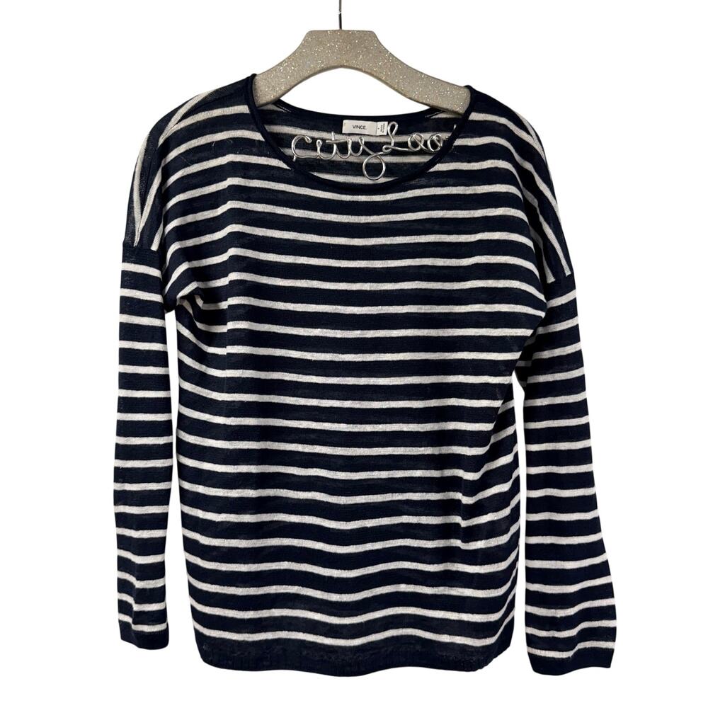 Vince Striped Long Sleeve Shirt Knit Top Blue 100% Linen Small Loose Fit